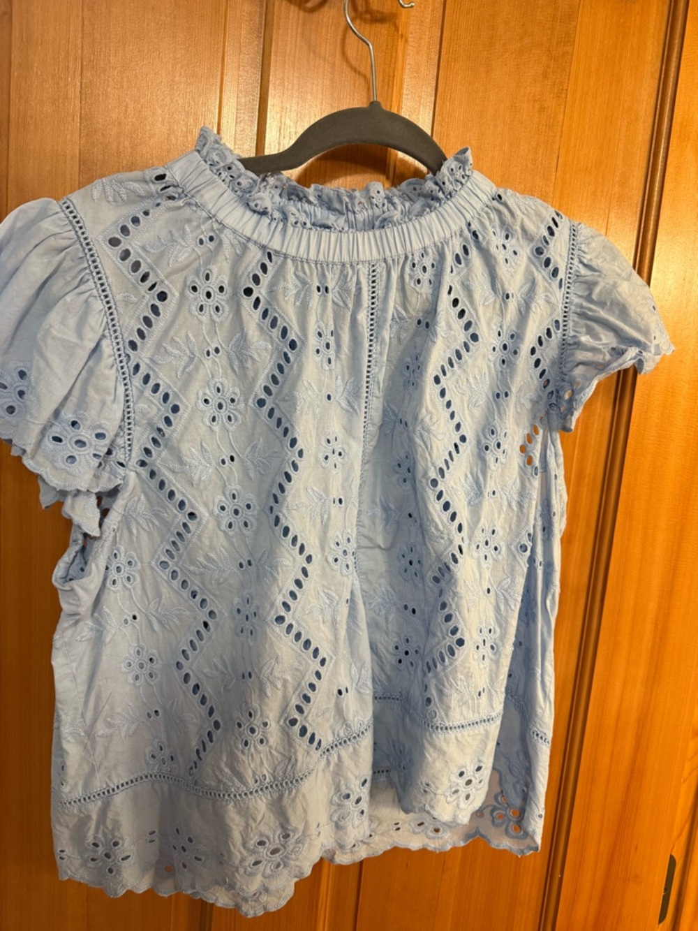 Light Blue Eyelet Flutter Sleeve Blouse